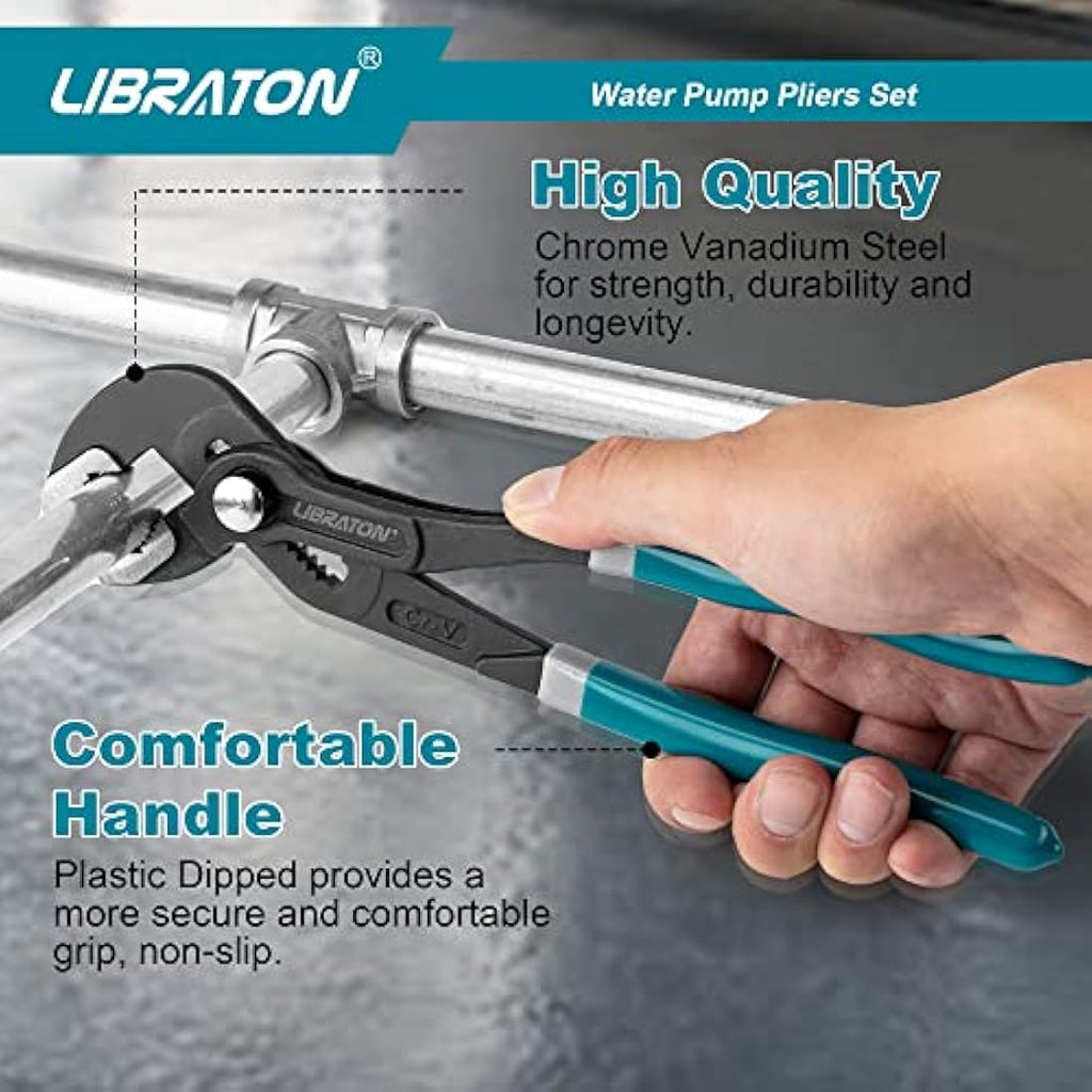 Libraton 3-Piece CR-V Steel Plumbing Pliers Set | V-Jaw Groove Joint