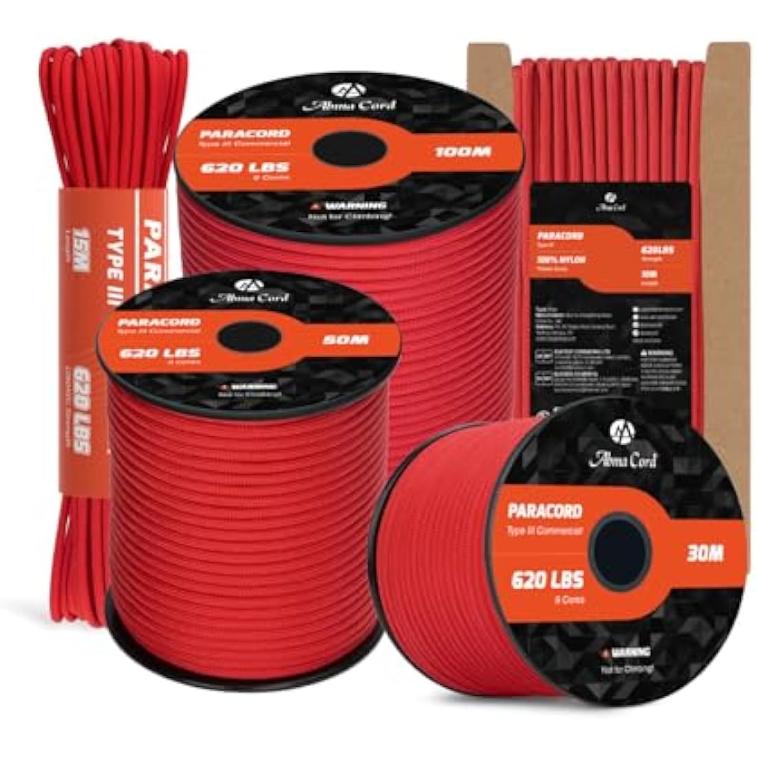 Abma Cord 4mm Type III Nylon Paracord – 9 Strands, 100m Rope (Red)