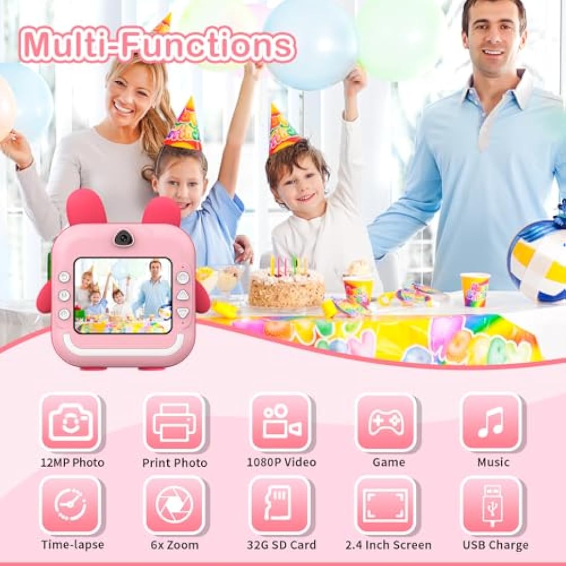 TOYOGO Kids Instant Print Camera | 1080P Digital Toy with 32GB SD – Pink