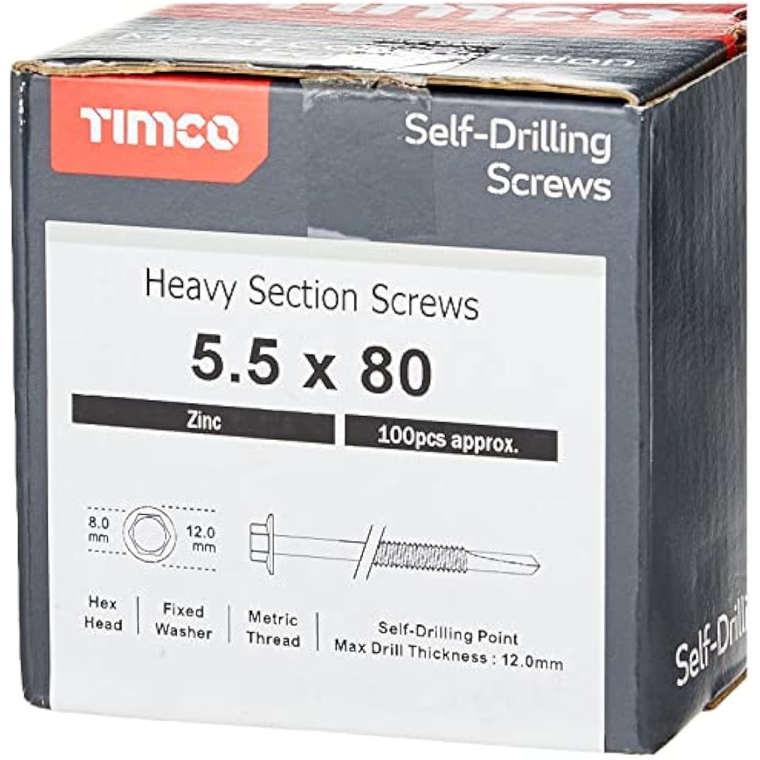 TIMCO Heavy Section Metal Screws – 5.5 x 80mm Hex Self-Drilling Zinc