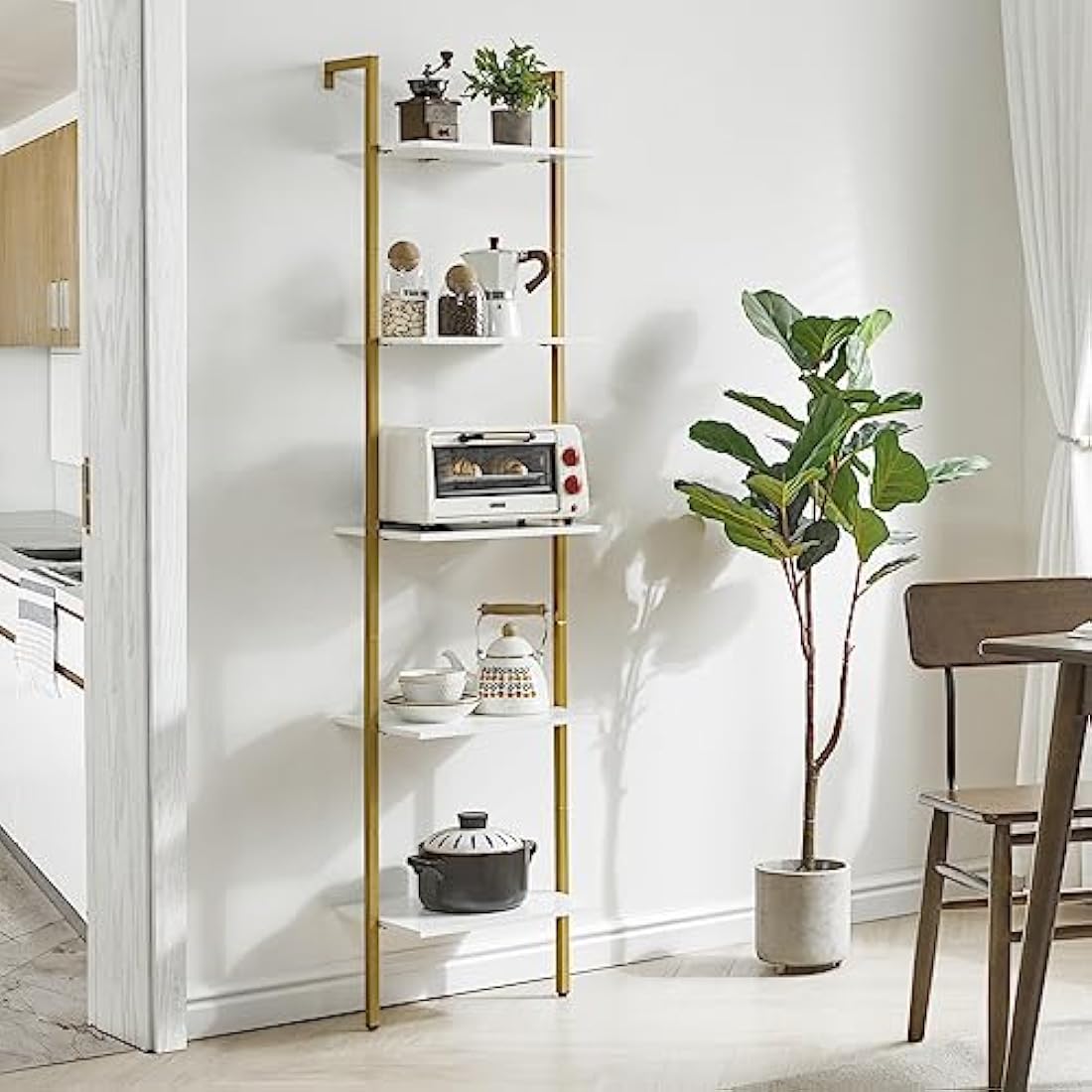 YMYNY 5-Tier Wall Mounted Ladder Shelf – Industrial Metal Bookcase, White