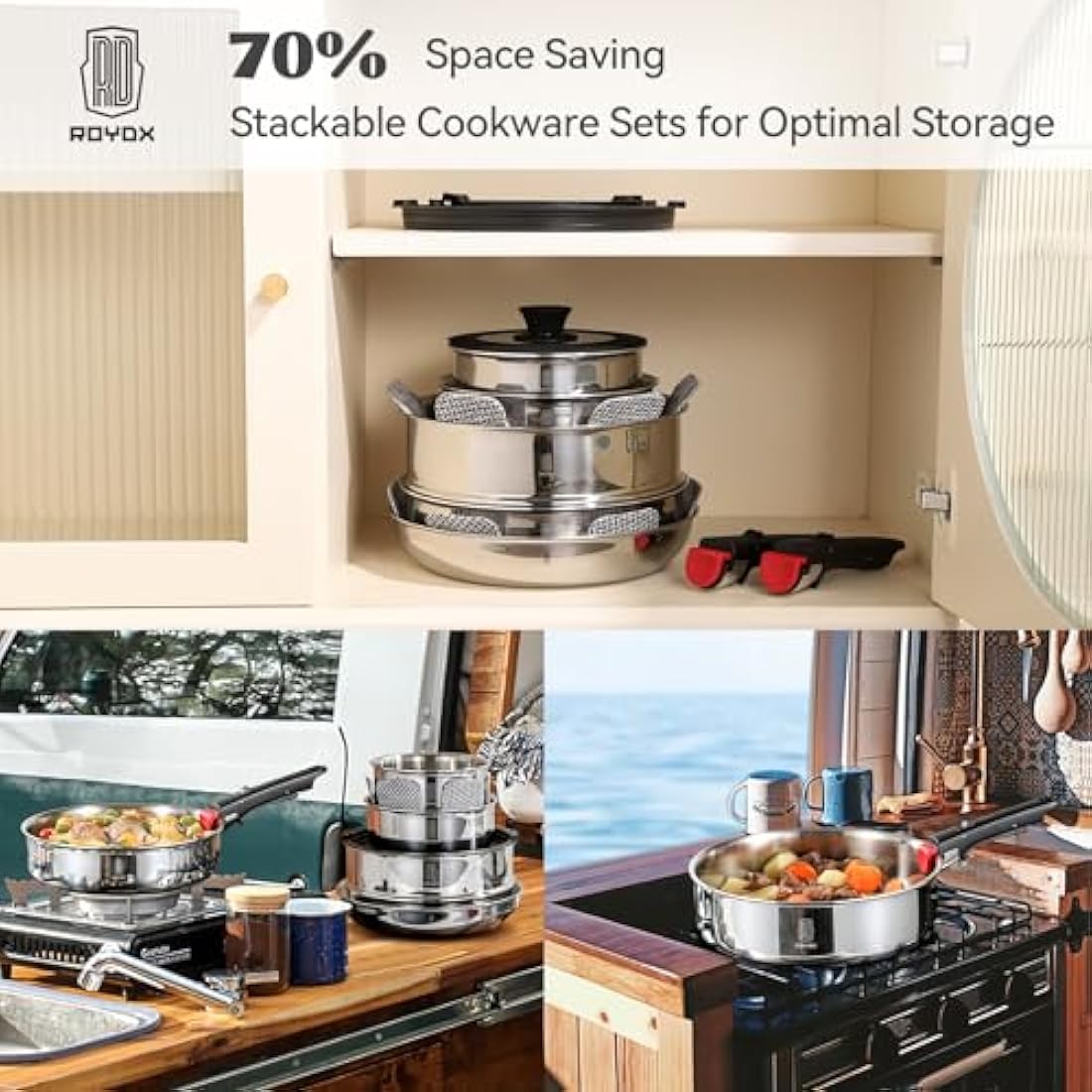 ROYDX 16-Piece Stainless Steel Cookware Set with Detachable Handles