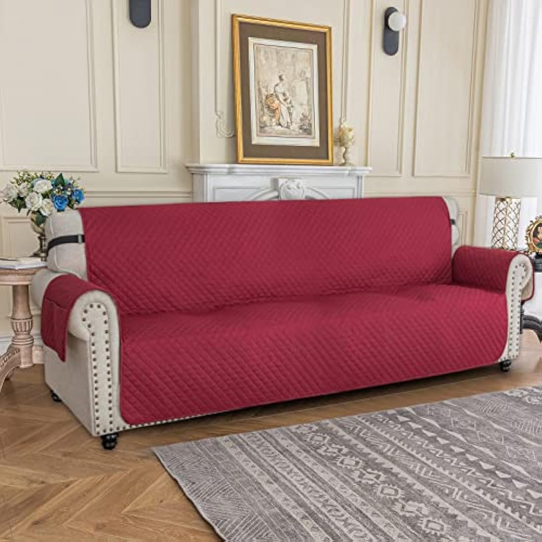 XINEAGE Quilted XL Sofa Cover | Water Resistant 4 Seater Pet Protector - Red