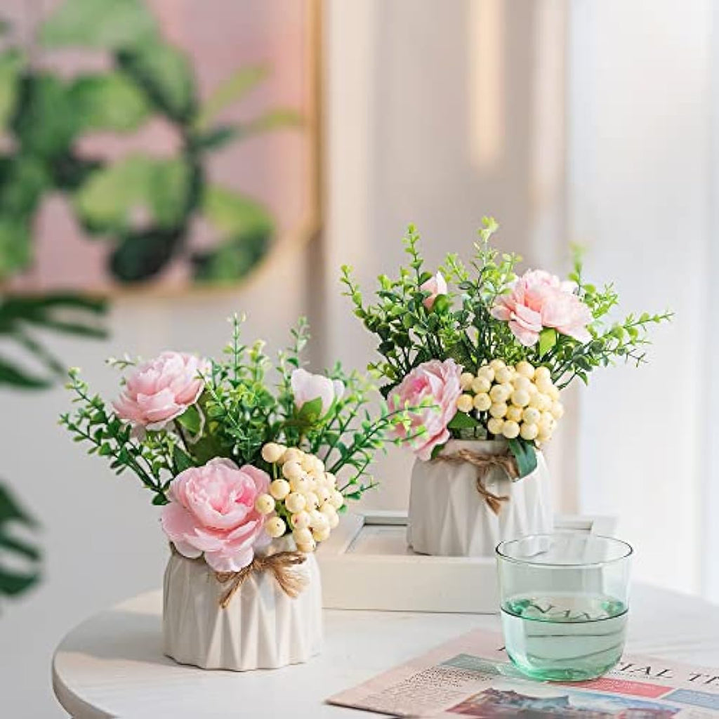 Blosmon Artificial Pink Silk Roses in Ceramic Vases - 2 Piece Table Decor