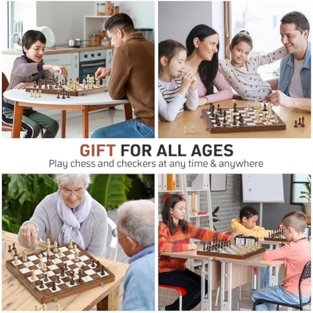 Sarr Klith 16" Wooden Magnetic Chess and Checkers Set | Foldable 2-in-1