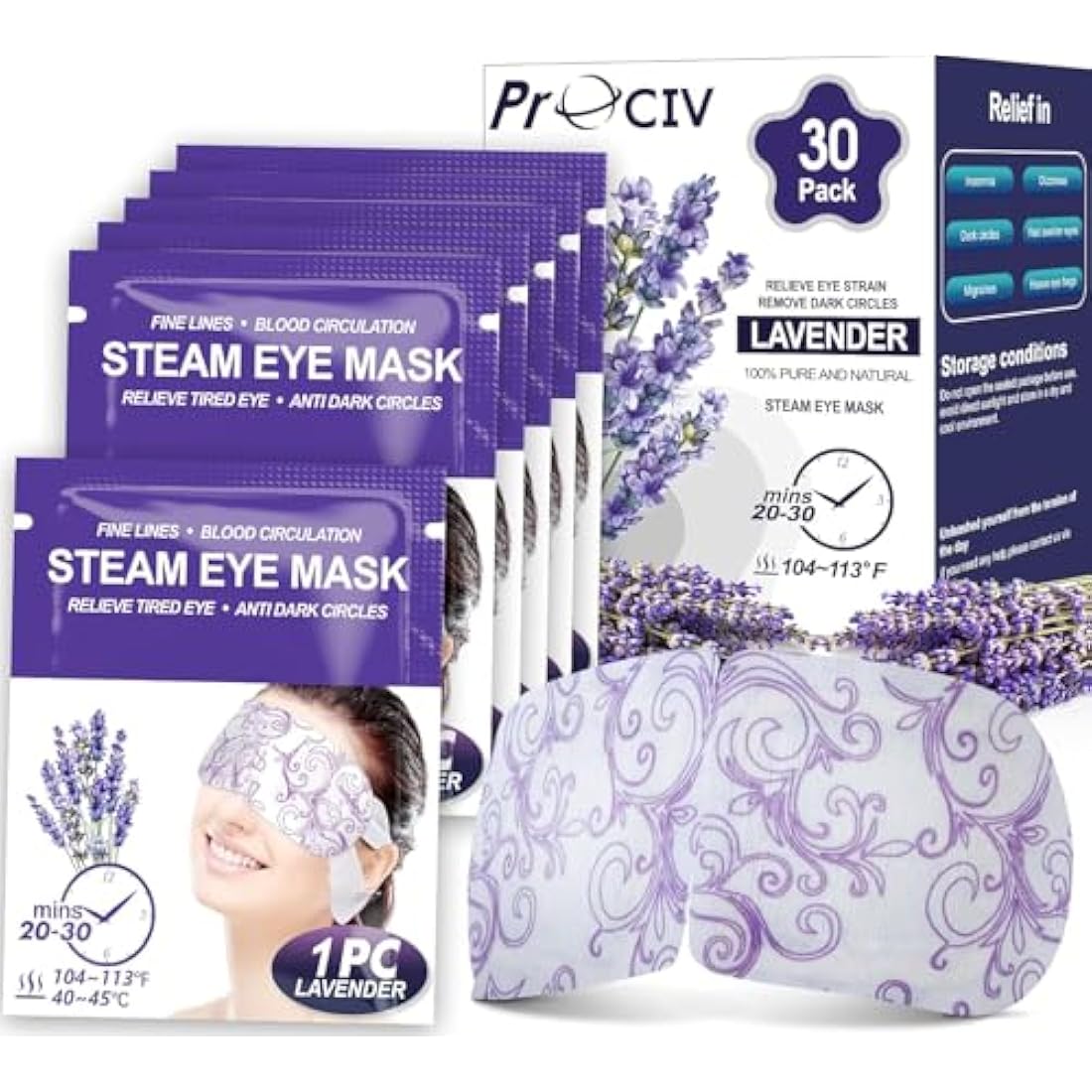 ProCIV Steam Eye Mask – 30 Pack Self-Heating Lavender Sleep Mask