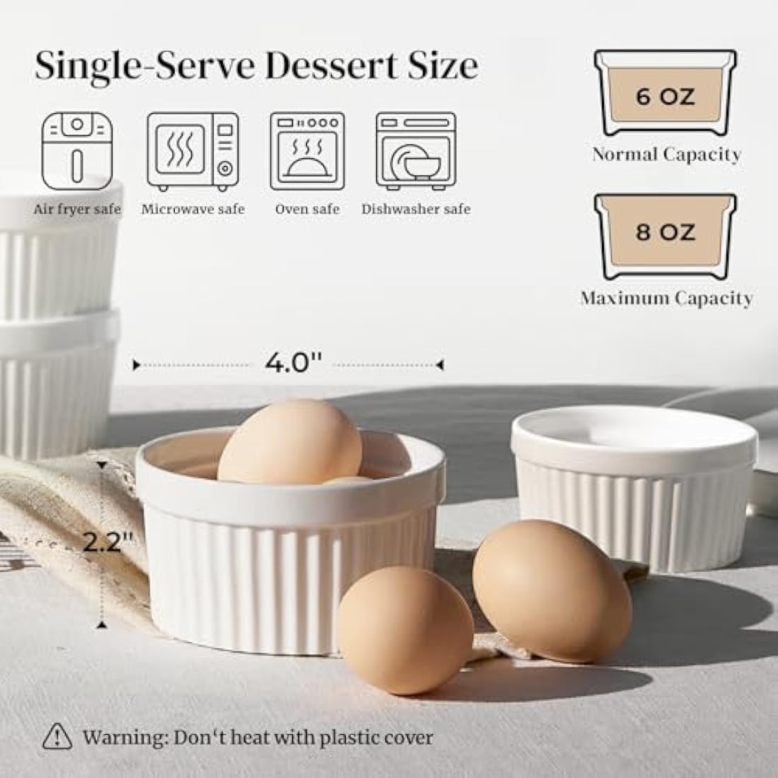 DOWAN 8 oz Porcelain Ramekins with Lids - White Soufflé Dishes, Set of 6