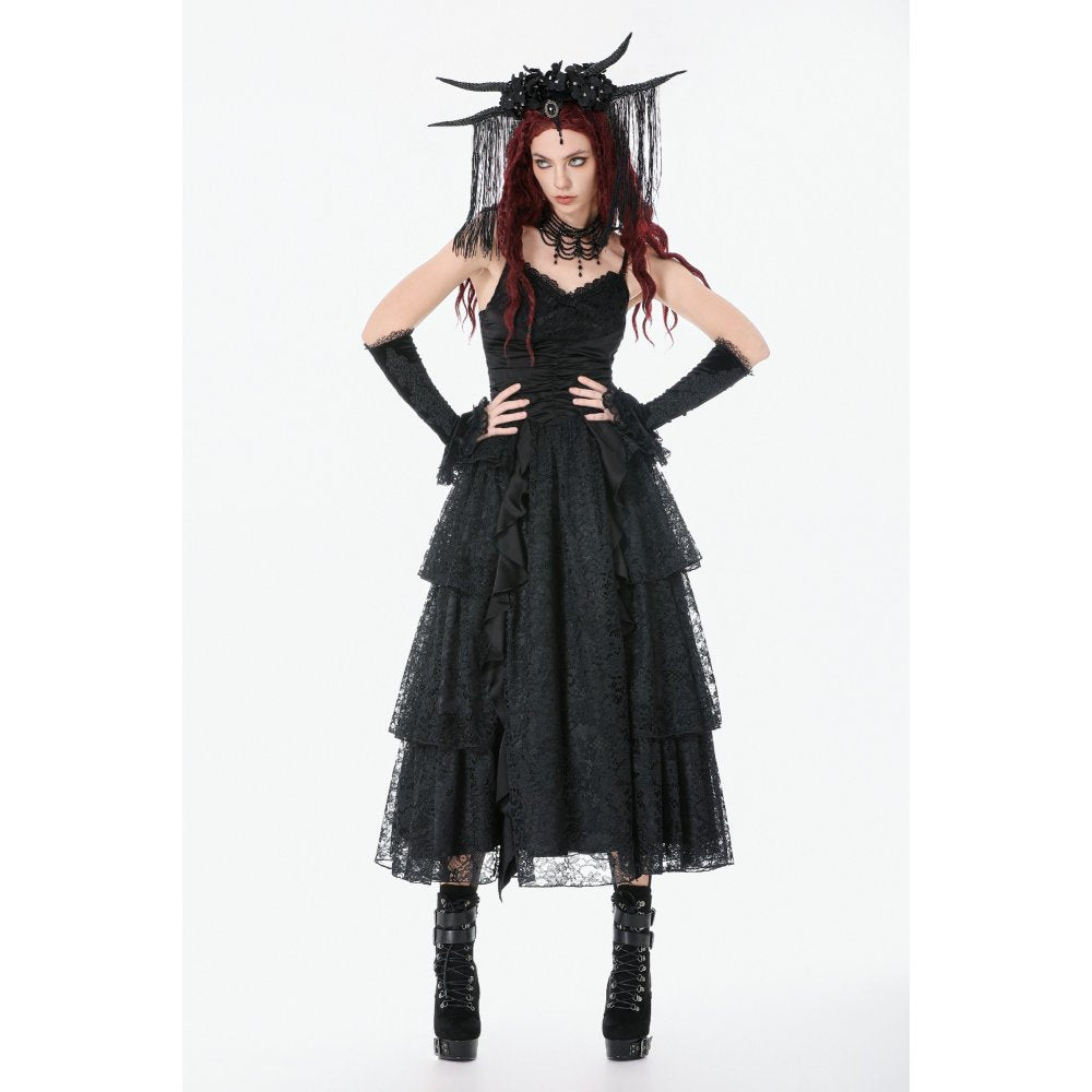 Dark in Love Black Gothic Satin and Lace Tiered Corset Dress