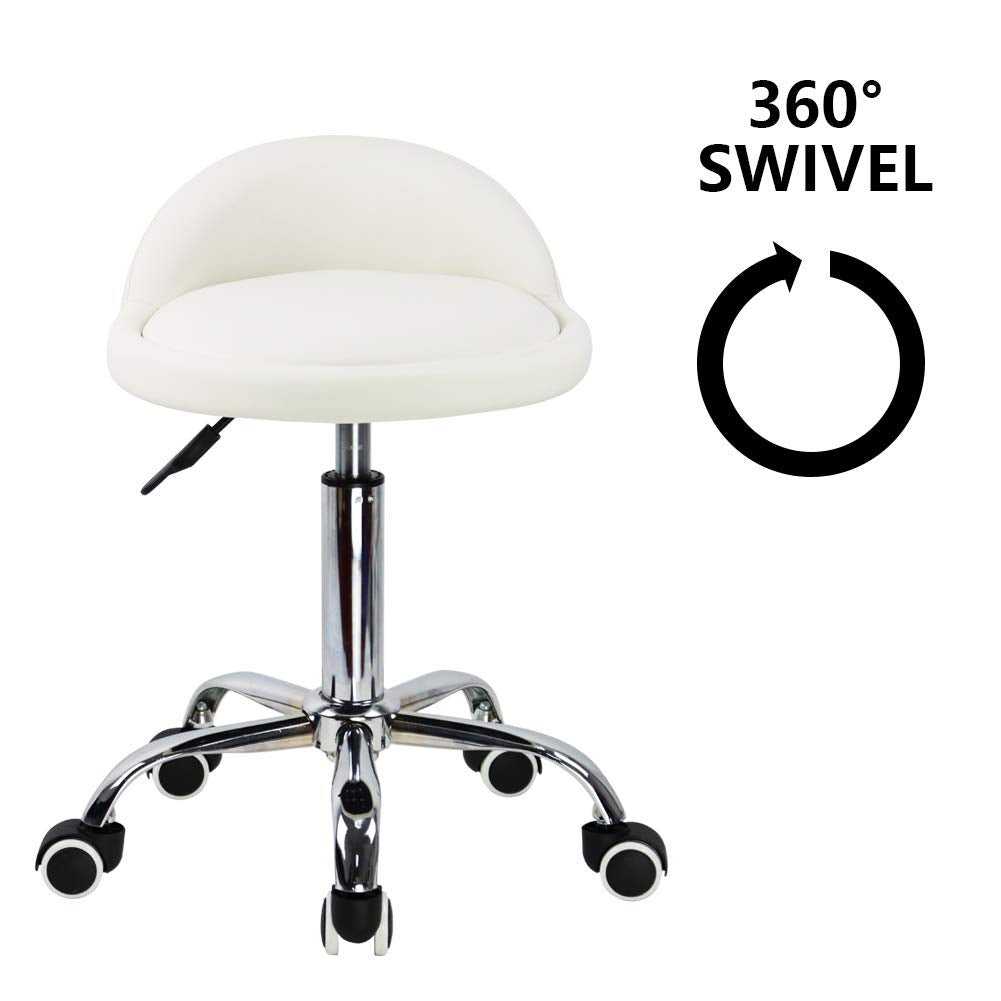 KKTONER PU Leather Rolling Stool with Backrest - White Swivel Chair