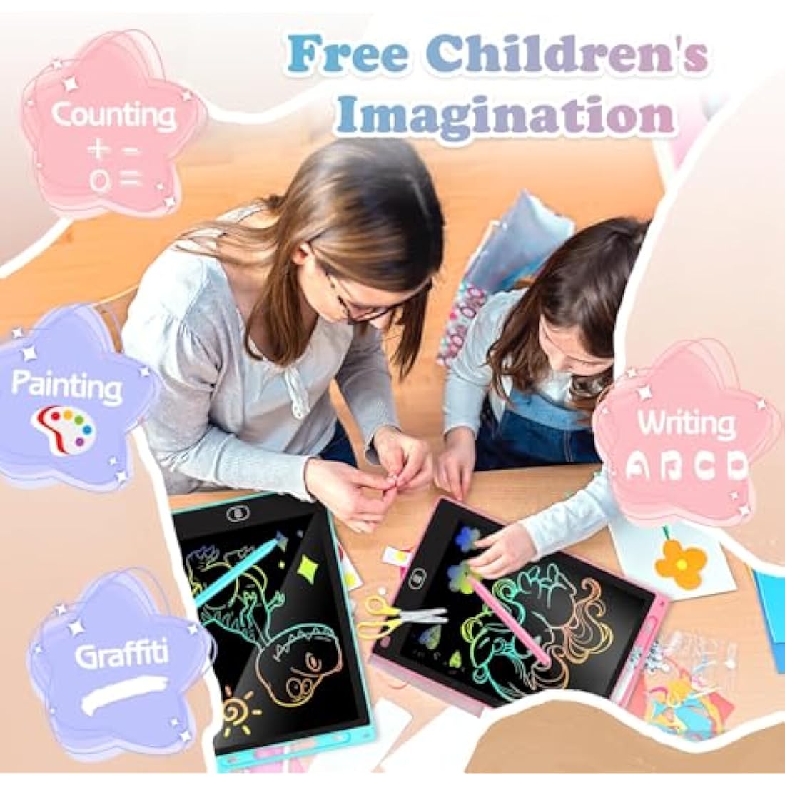 KTEBO 2-Pack 10 Inch LCD Writing Tablet for Kids - Pink & Blue Doodle Board