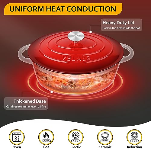 Velaze 5L Oval Enameled Cast Iron Dutch Oven – 30cm Non-Stick Pot, Red