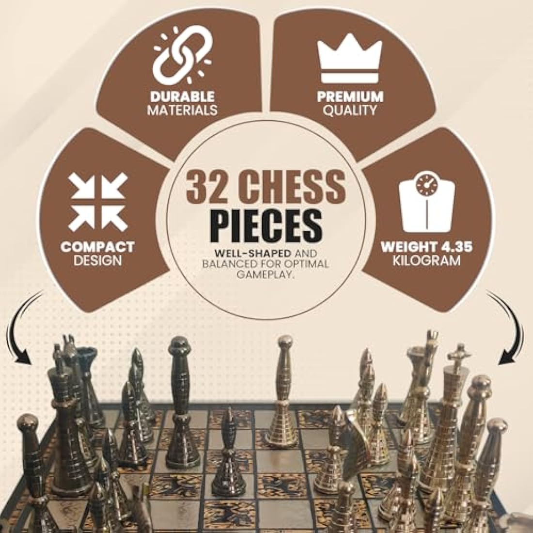 Tribal Warli Art Brass Chess Set with Leather Box - 12x12"