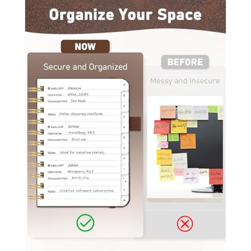 WEMATE Spiral Password Book with Alphabetical Tabs - Brown Hardcover