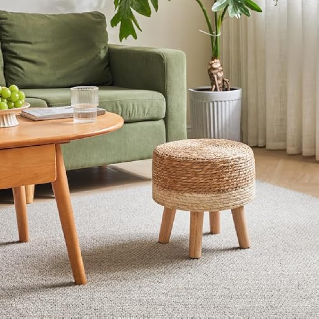YMYNY Natural Seagrass Footstool | Hand-Woven Ottoman with Pine Legs
