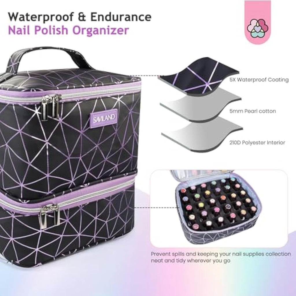 Saviland Nail Polish Organizer Bag - PU Leather Case for 30 Bottles & Lamp