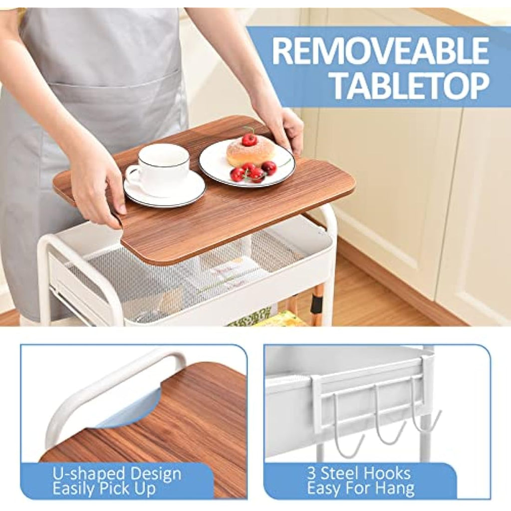 KINGRACK 3-Tier Metal Rolling Storage Trolley with Wooden Worktop
