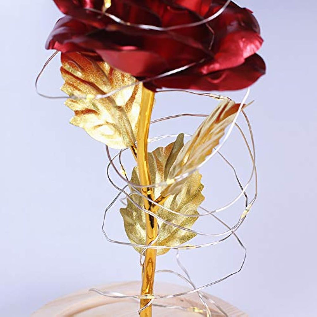 TINYOUTH 24K Gold Plated Red Rose in Glass Dome with LED Lights