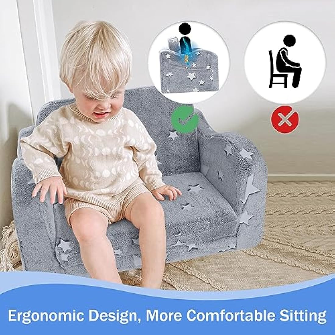 MeMoreCool Kids Fold Out Couch – Glow in The Dark Plush Toddler Sofa, Grey