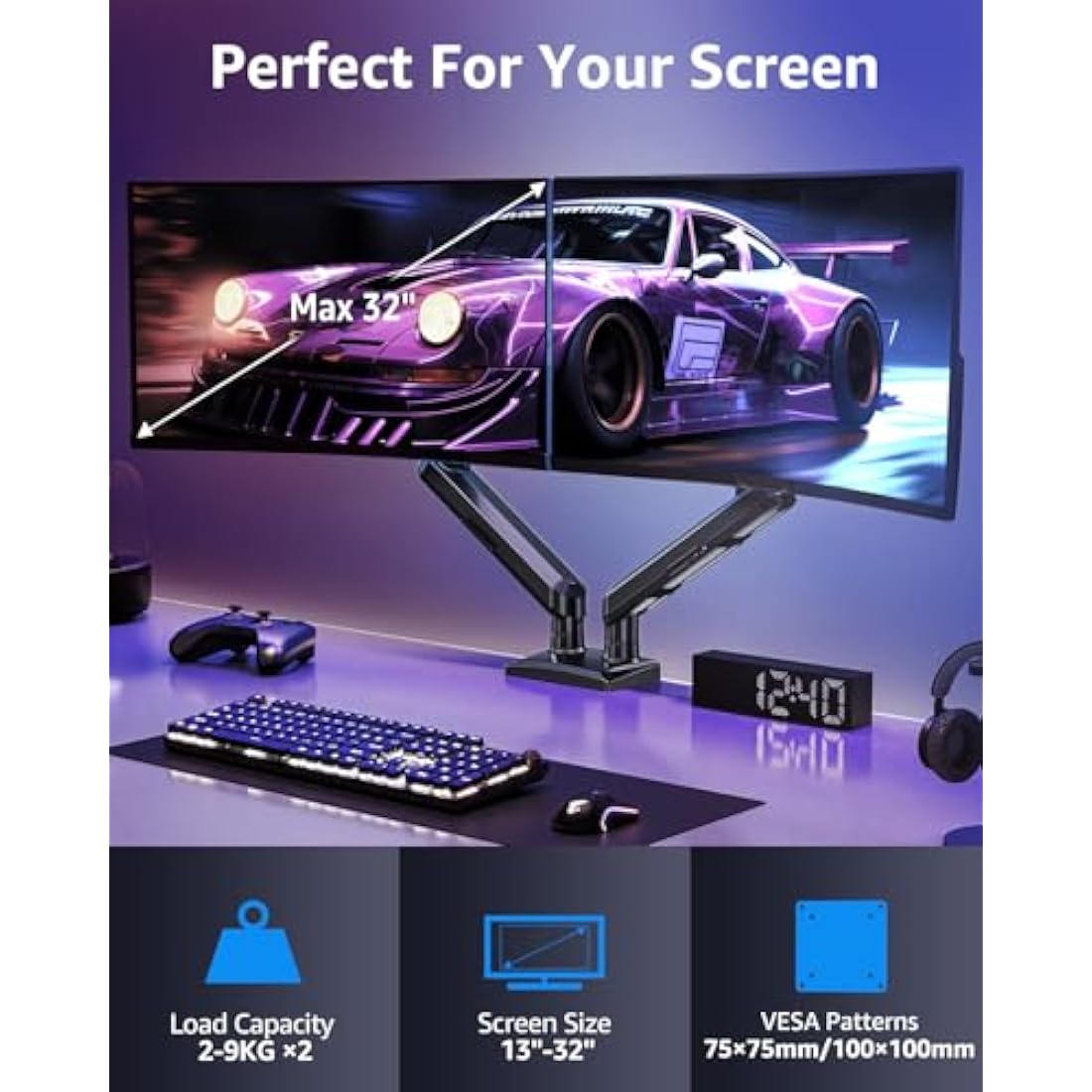 ELIVED Dual Monitor Arm | Gas Spring Desk Mount for 13-32 Inch Screens