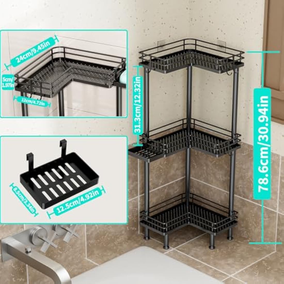HapiRm 3-Tier Corner Shower Caddy | Stainless Steel Freestanding Storage