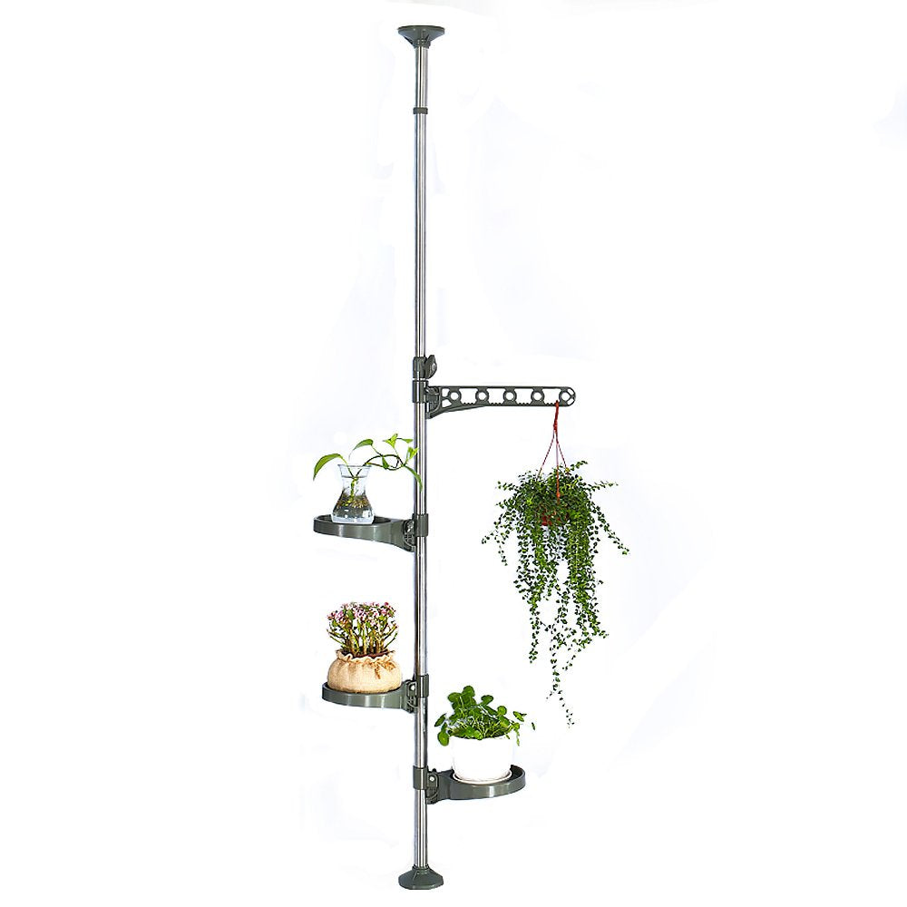BAOYOUNI Tension Rod Plant Stand – Adjustable Window Flower Rack with 3 Trays
