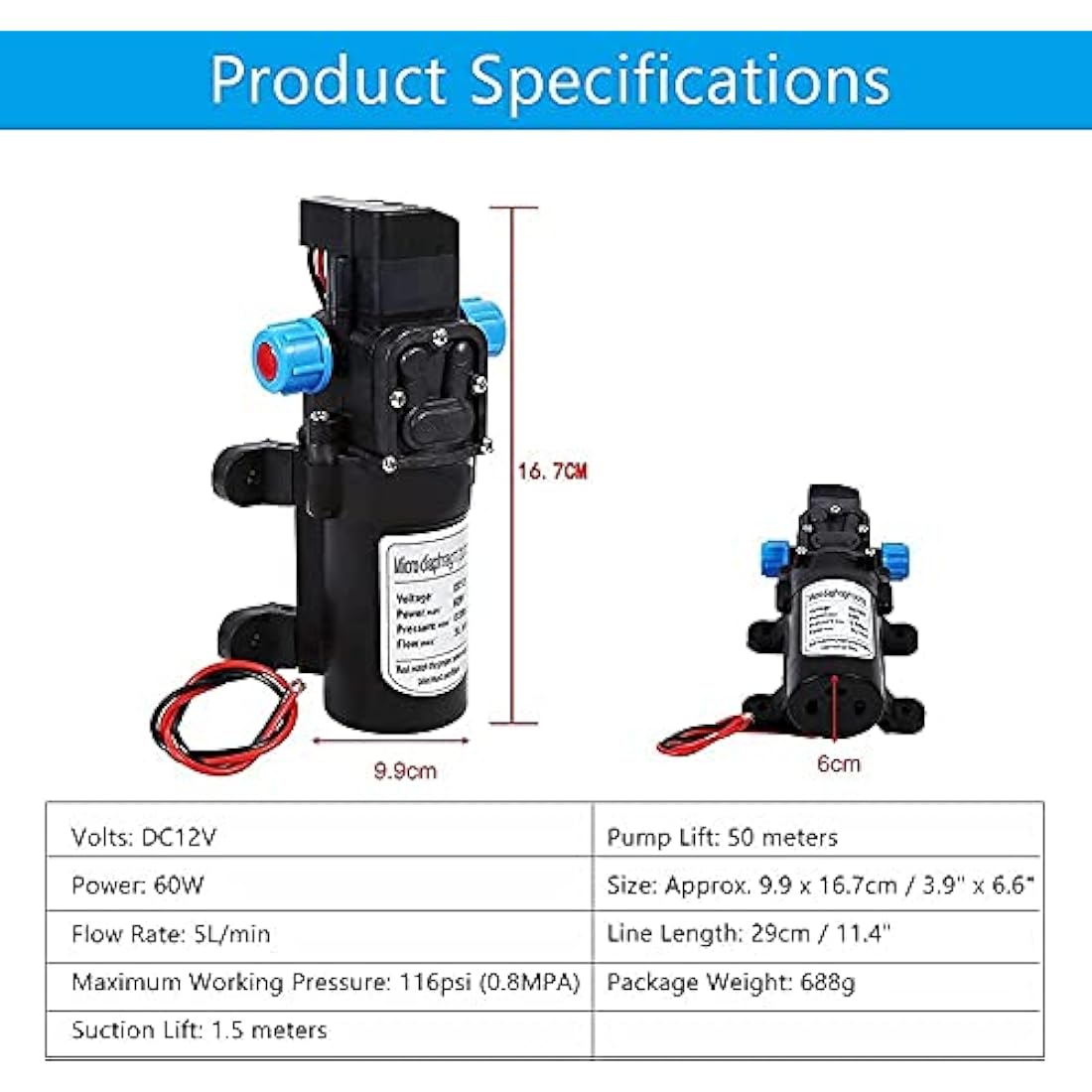 12V 60W Diaphragm Water Pump - High Pressure 115PSI