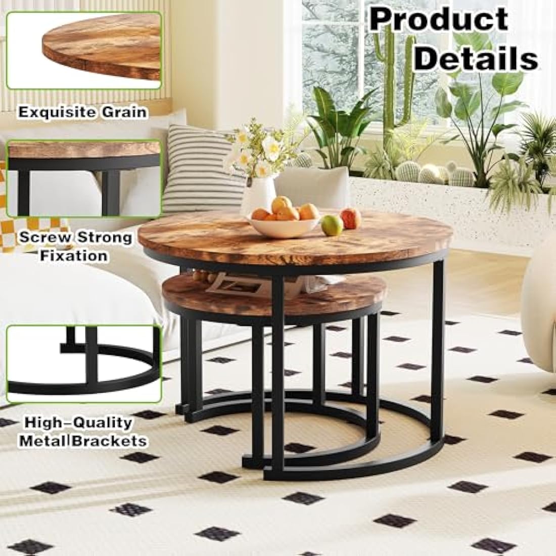 Round Nesting Coffee Table Set of 2 – Rustic Brown Wood