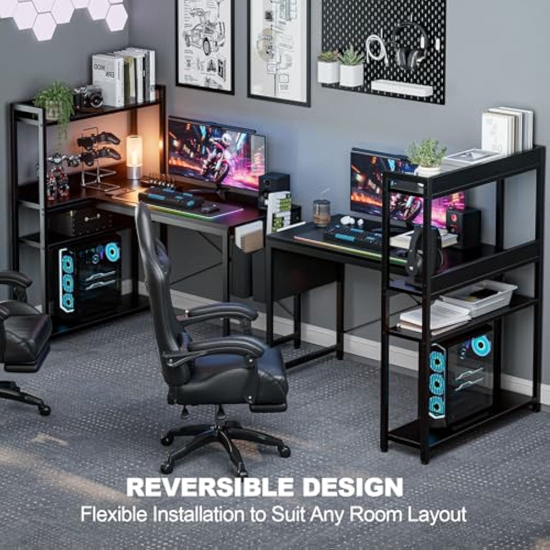 L-Shaped Gaming Desk – 100x80cm Corner Table with Shelves