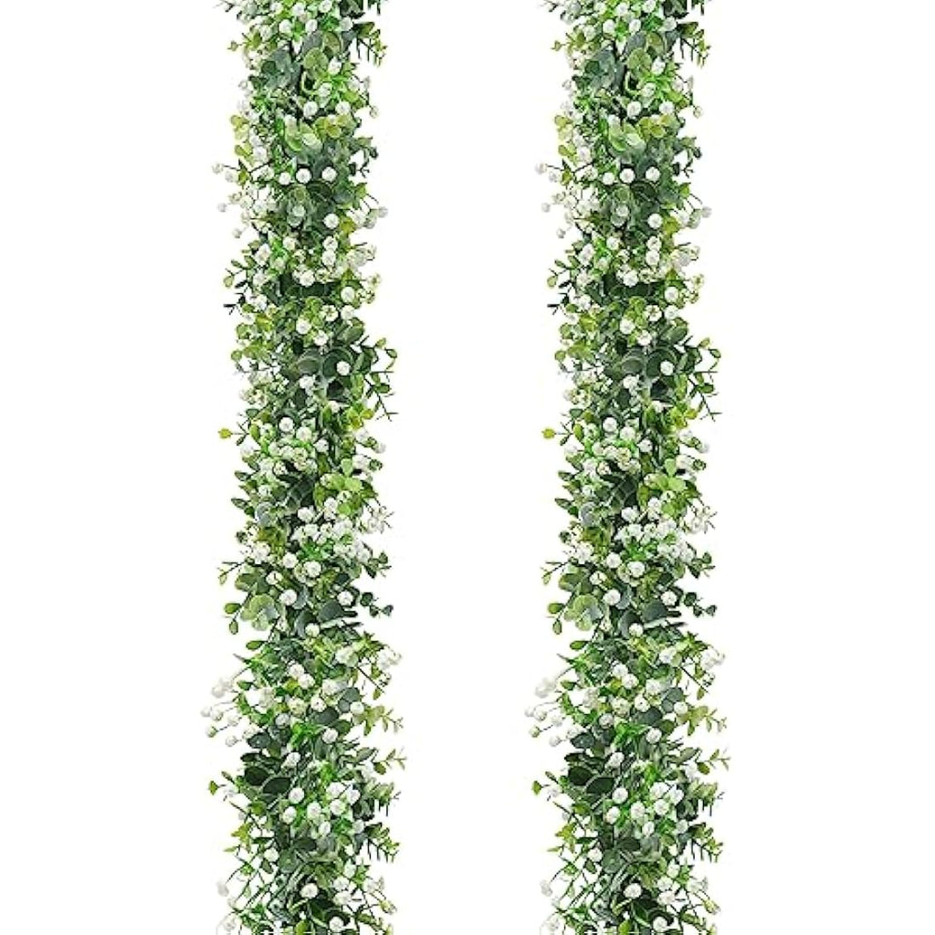 LOMOHOO 2-Pack 12FT Artificial Eucalyptus Garland with White Flowers