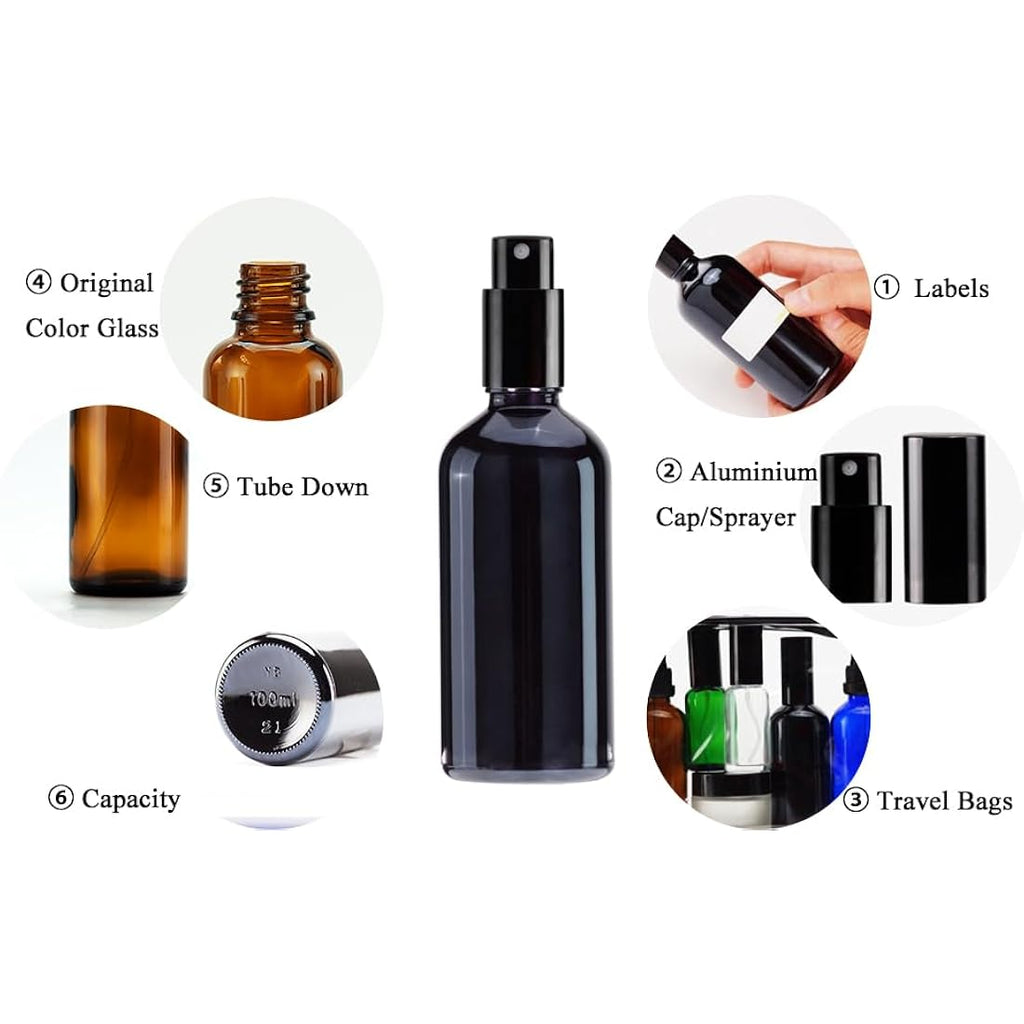 Jolof Store Black Glass Spray Bottles - 100ml Fine Mist for Oils - 4 Pcs