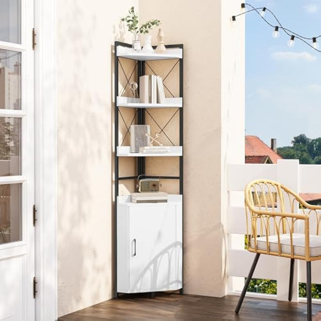 YITAHOME 4-Tier Corner Bookshelf with Cabinet – Industrial White Wood