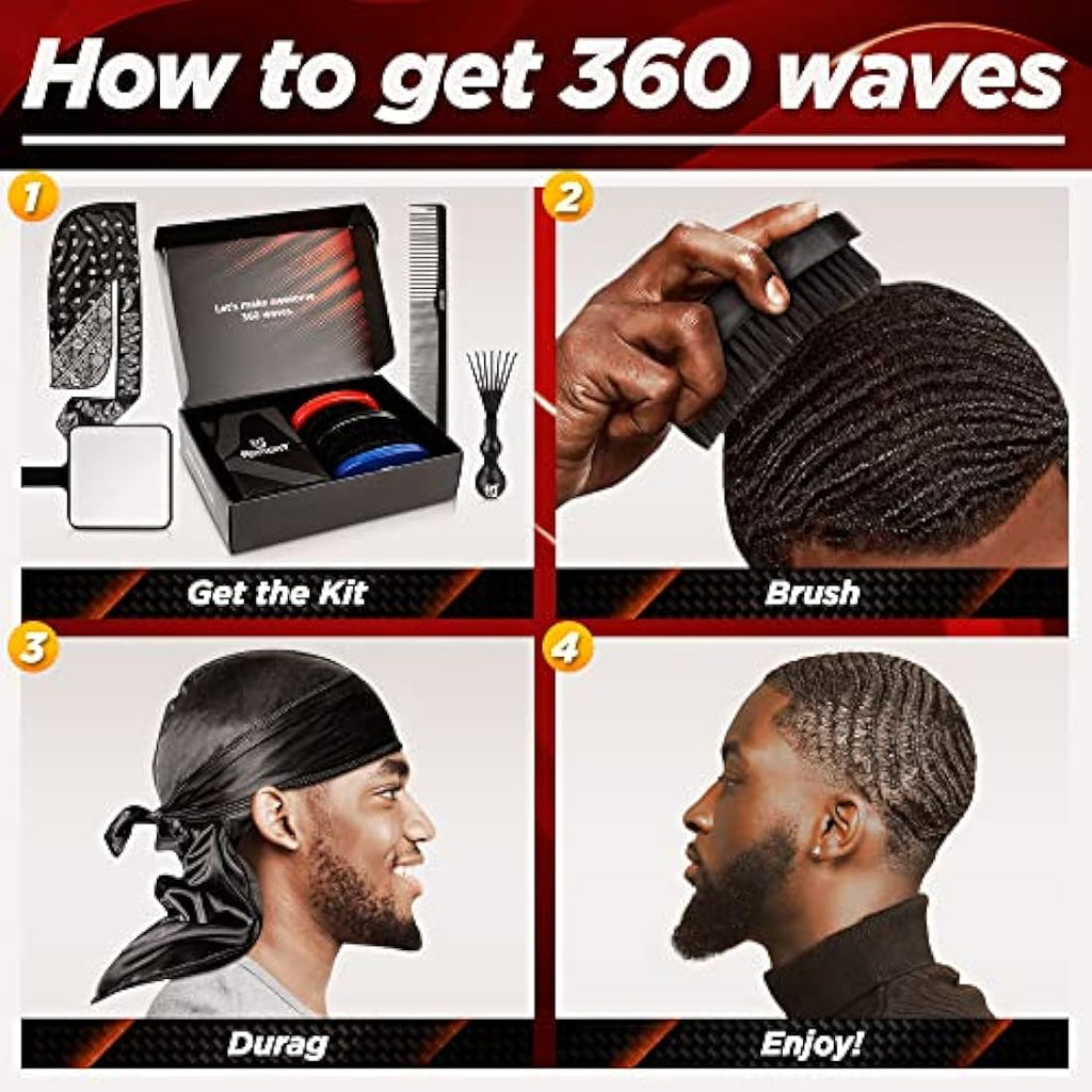 Roman-T 8-in-1 360 Wave Brush Kit – 3 Brushes, 2 Durags & Mirror Set