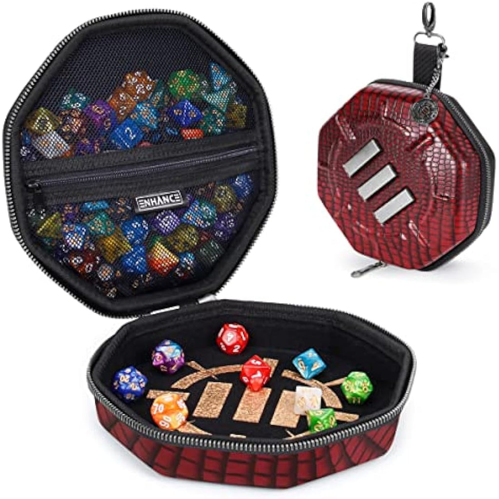 ENHANCE DnD Dice Tray and Case – Dragon Hide Storage for 150 Dice (Red)