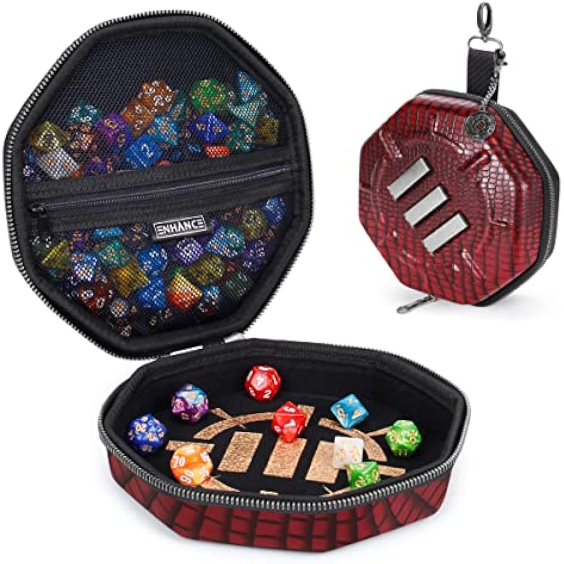 ENHANCE DnD Dice Tray and Case – Dragon Hide Storage for 150 Dice (Red)