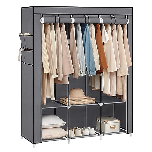 SONGMICS Portable Clothes Wardrobe – 3 Hanging Rails & 4 Side Pockets