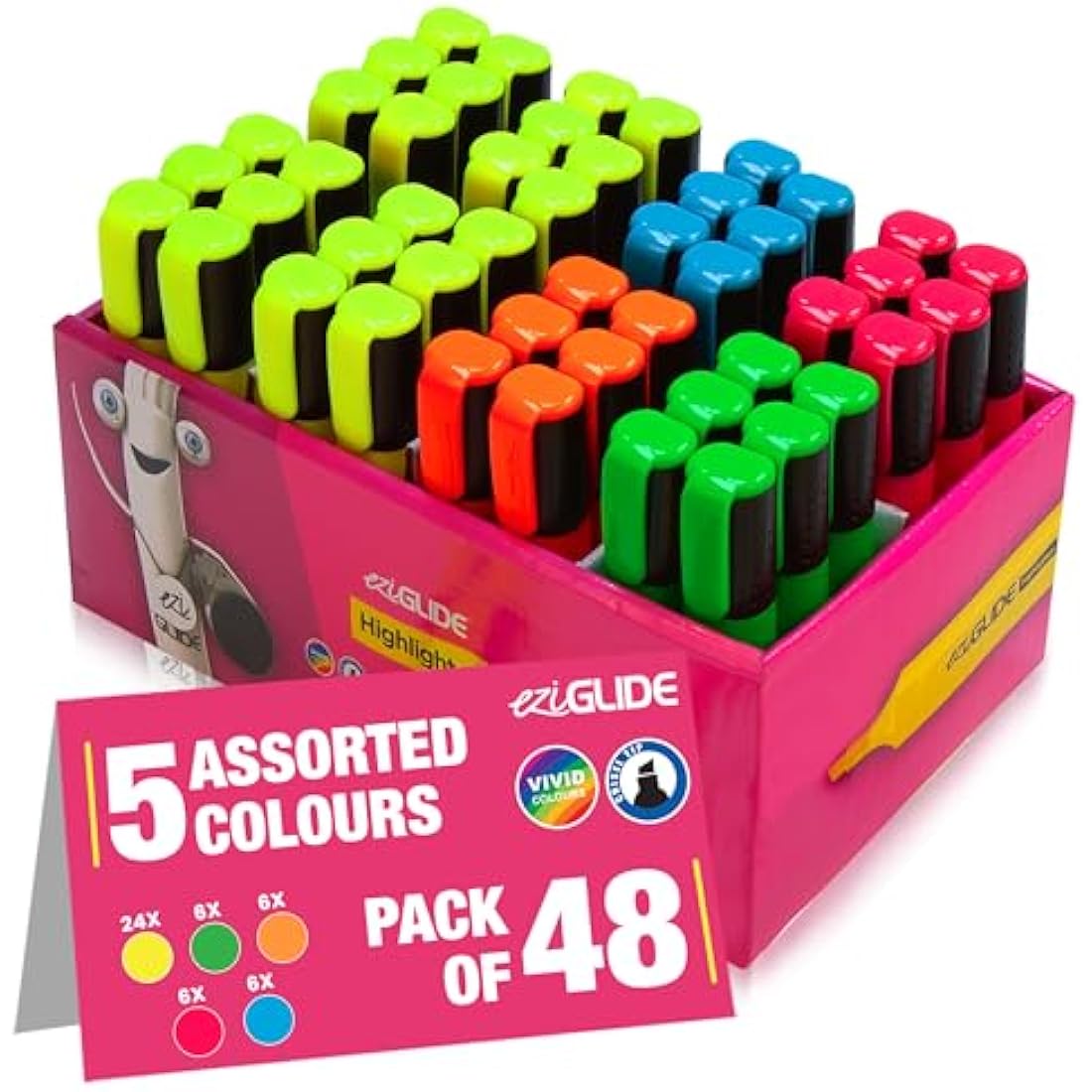Eziglide Highlighter Pens 48-Pack | 5 Neon Colors Chisel Tip Markers