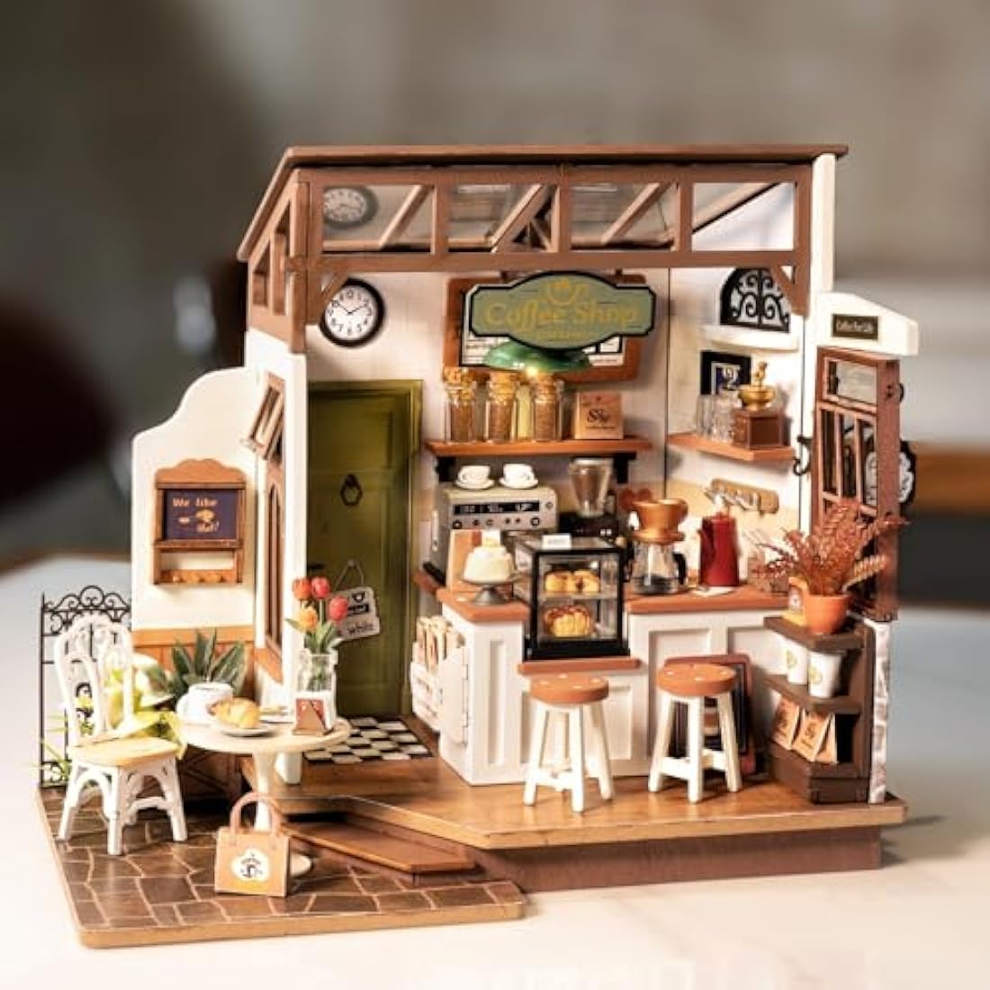 ROWOOD DIY Miniature Coffee House Kit – Wooden Dollhouse Model with Lights