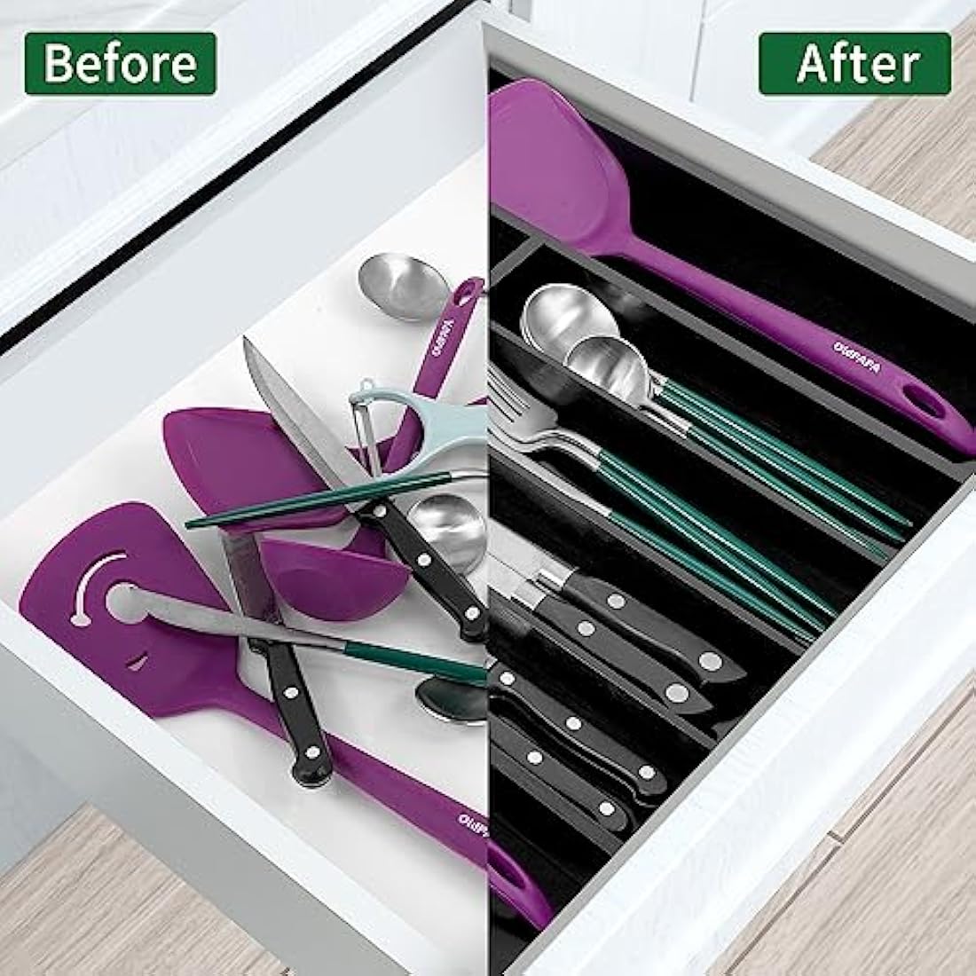 Utoplike Expandable Bamboo Cutlery Drawer Organiser | Black Utensil Tray
