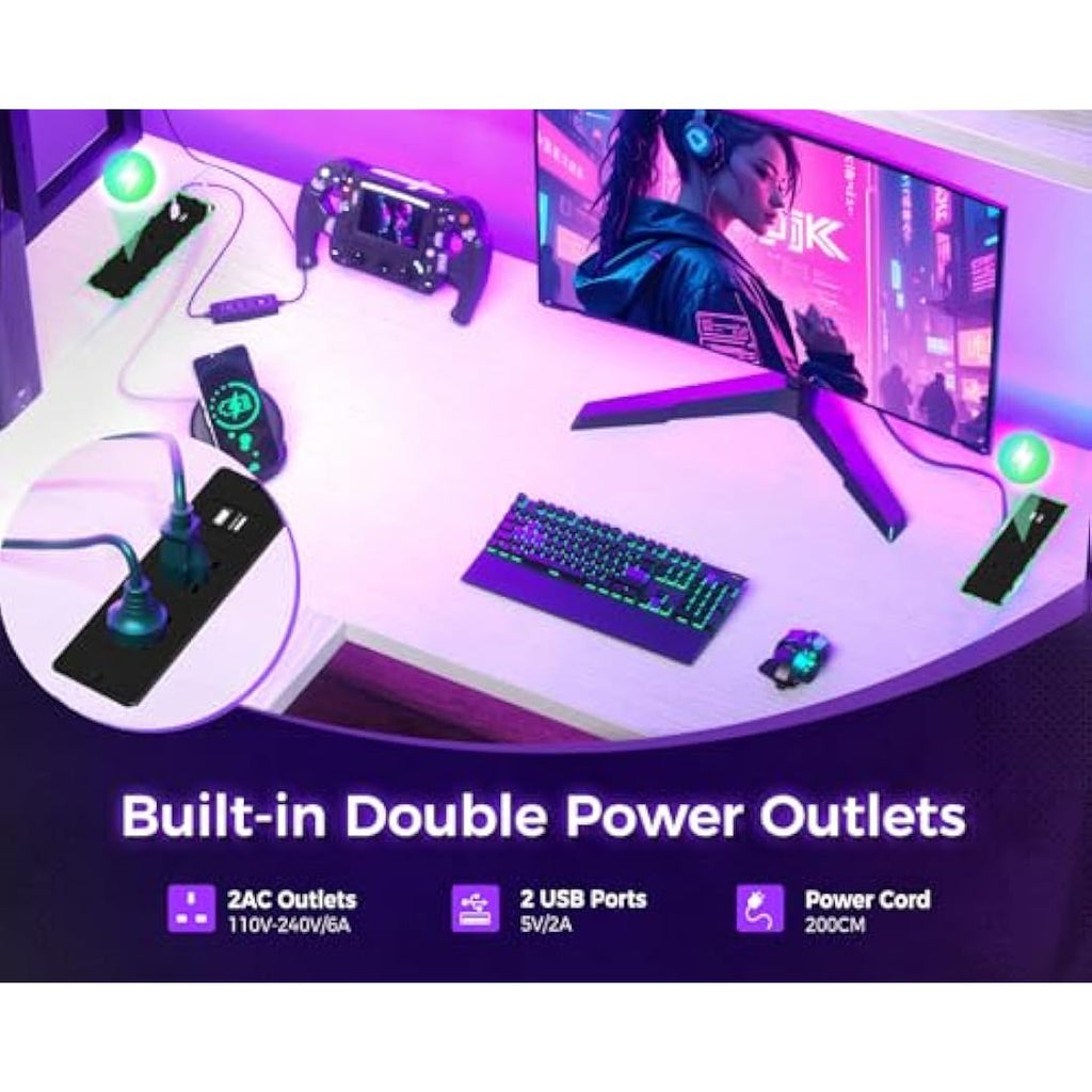 ODK L-Shaped Gaming Desk with LED Lights and Power Outlets - White