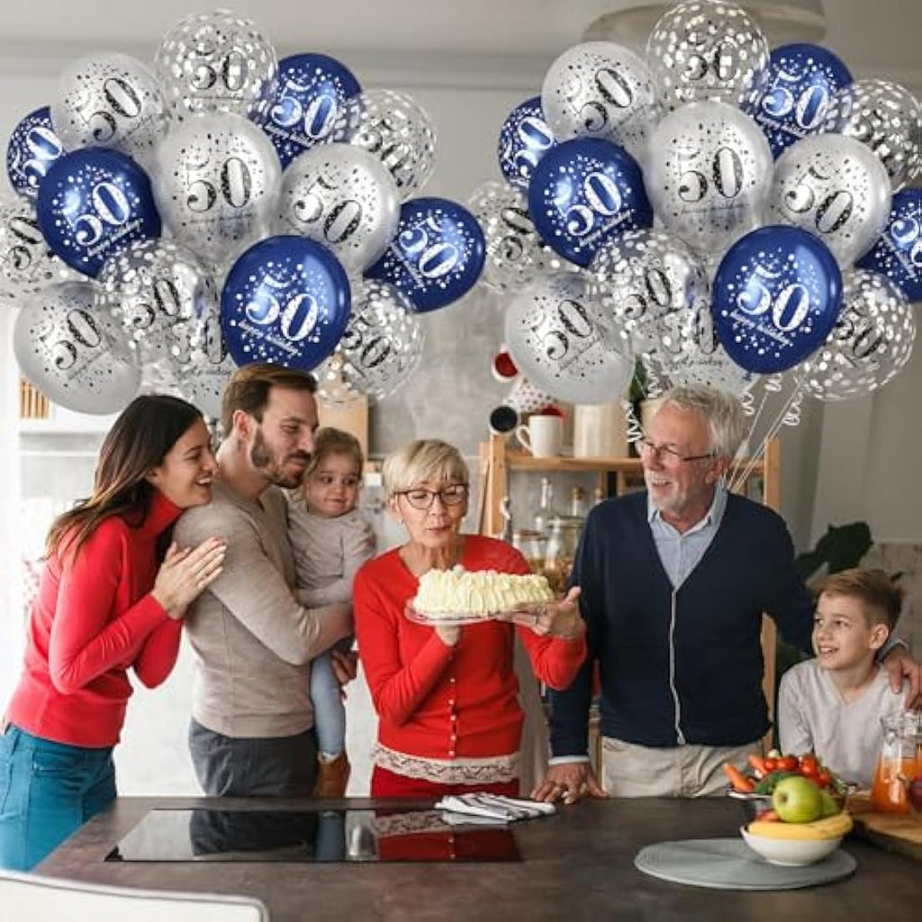 Jolof Store 50th Birthday Balloons - 15pc Navy Blue & Silver Party Decor