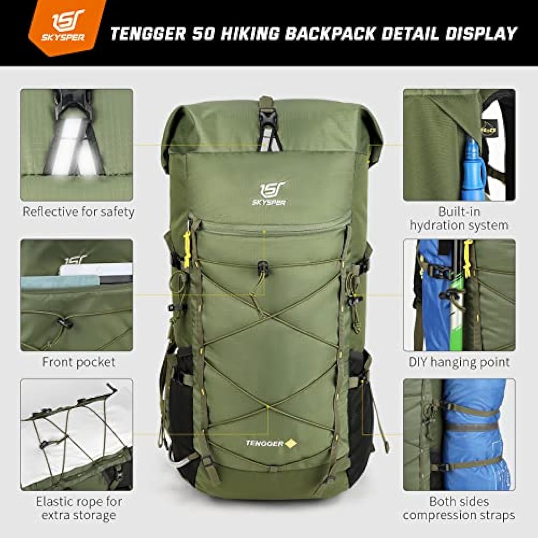SKYSPER 50L Hiking Backpack – Lightweight Roll Top Camping Rucksack