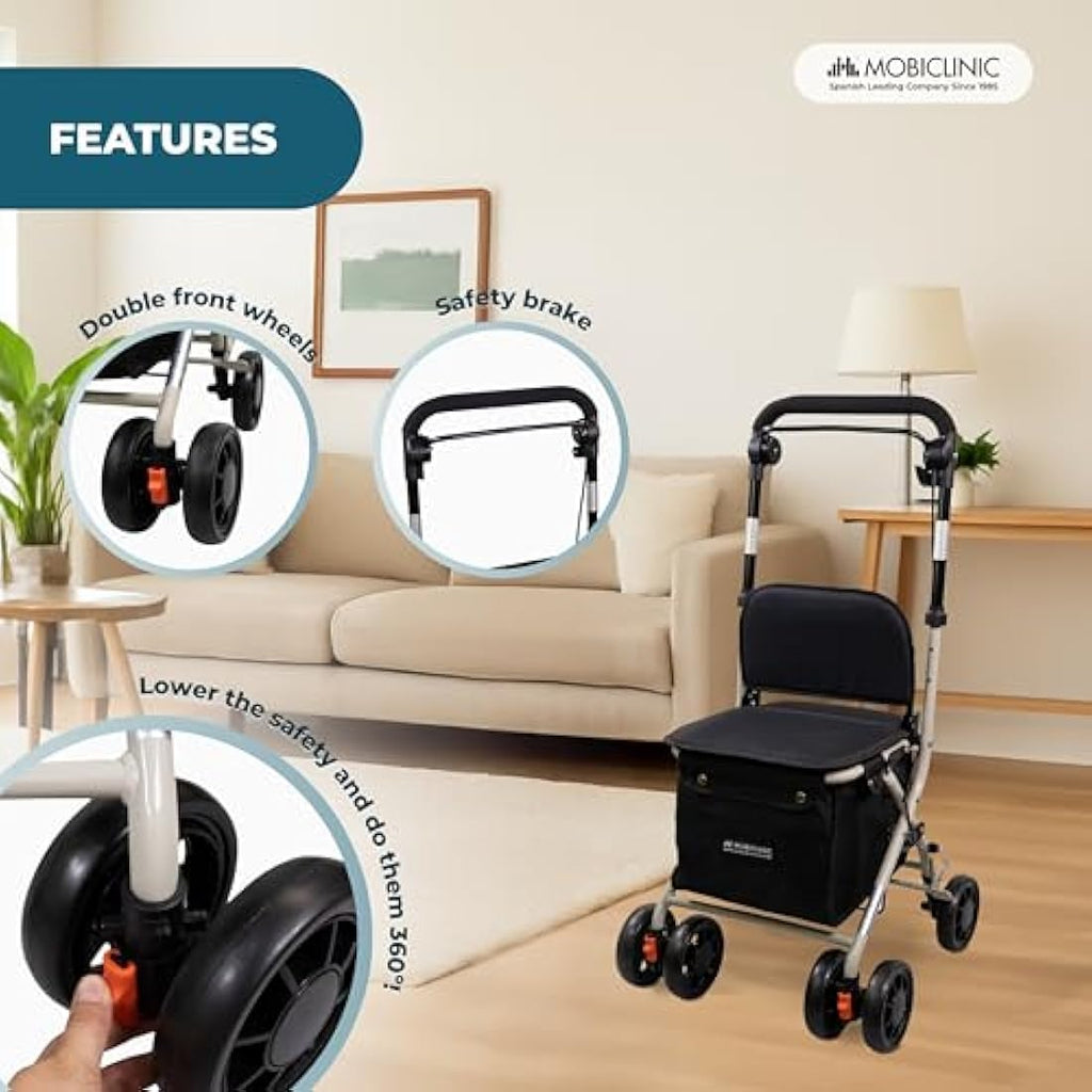 Mobiclinic Coliseo Shopping Trolley with Seat – Foldable 21L Rollator