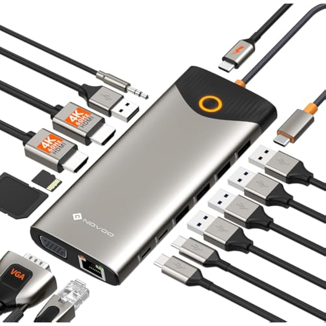 NOVOO 15-in-1 USB C Docking Station | Dual 4K HDMI & 100W PD Adapter