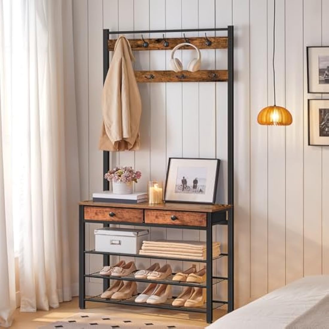 HOOBRO Hall Tree with Shoe Storage | 9 Hooks and 2 Drawers – Rustic Brown