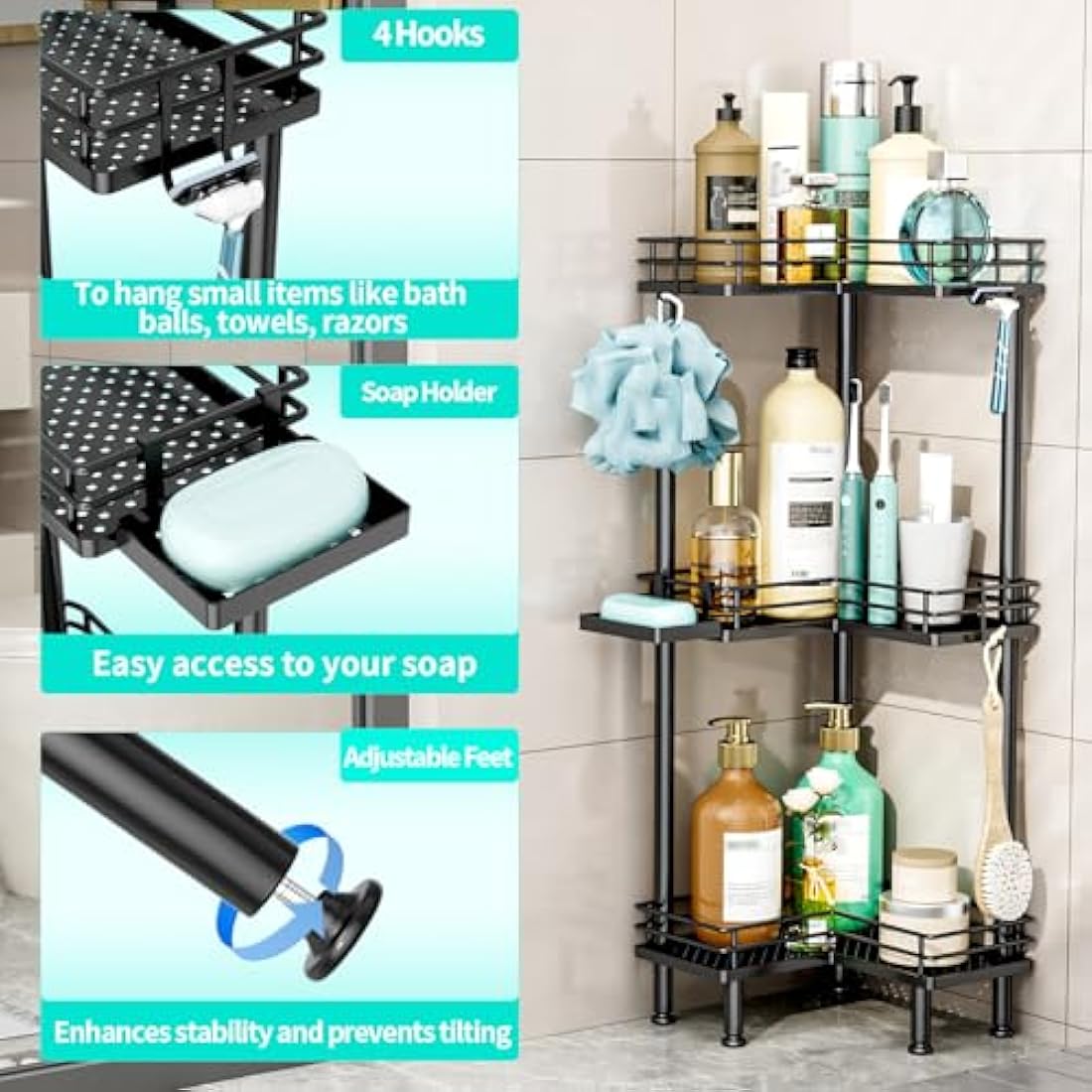 HapiRm 3-Tier Corner Shower Caddy | Stainless Steel Freestanding Storage