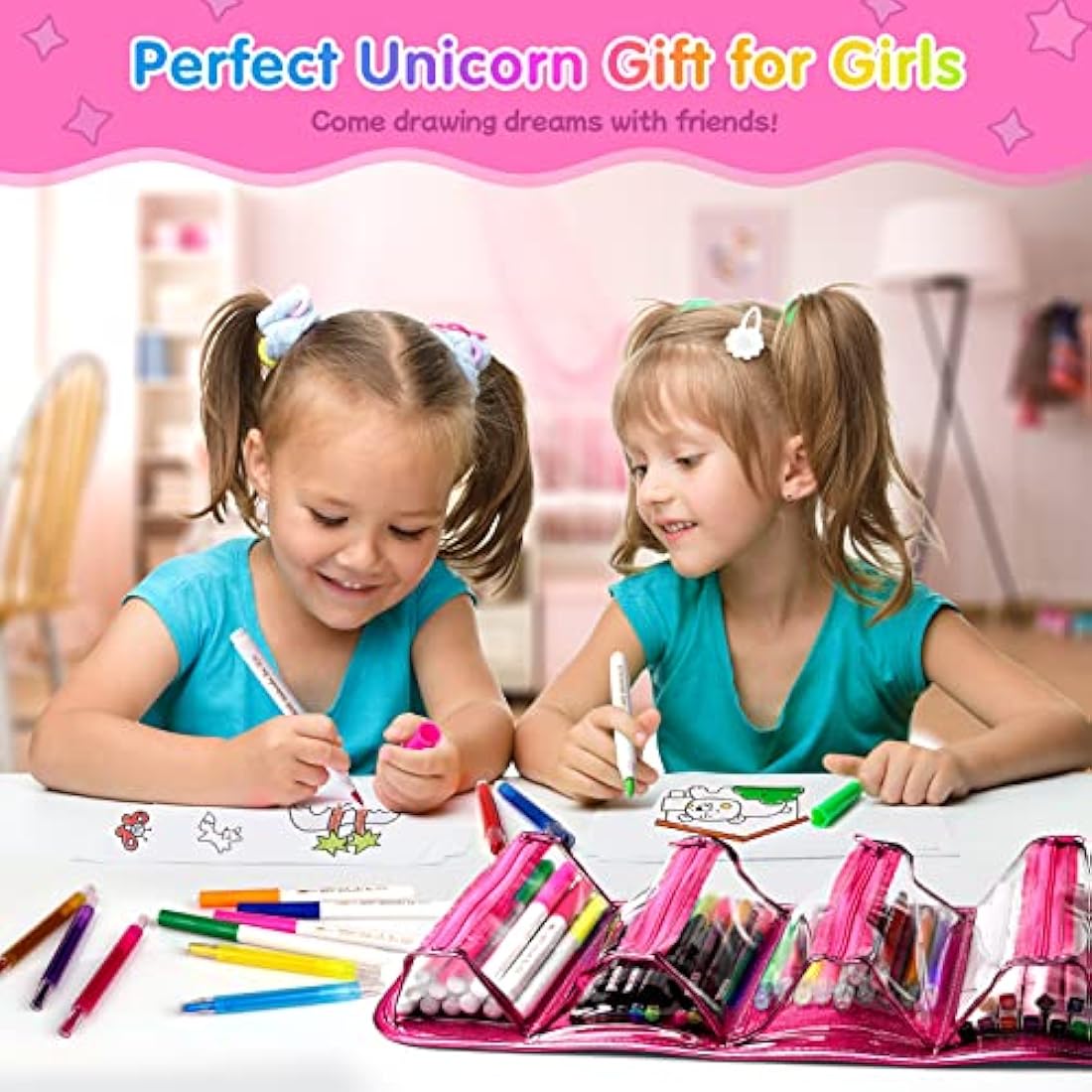 Hot Bee Unicorn Pencil Case Art Set | 48-Piece Kids Drawing & Stationery Kit