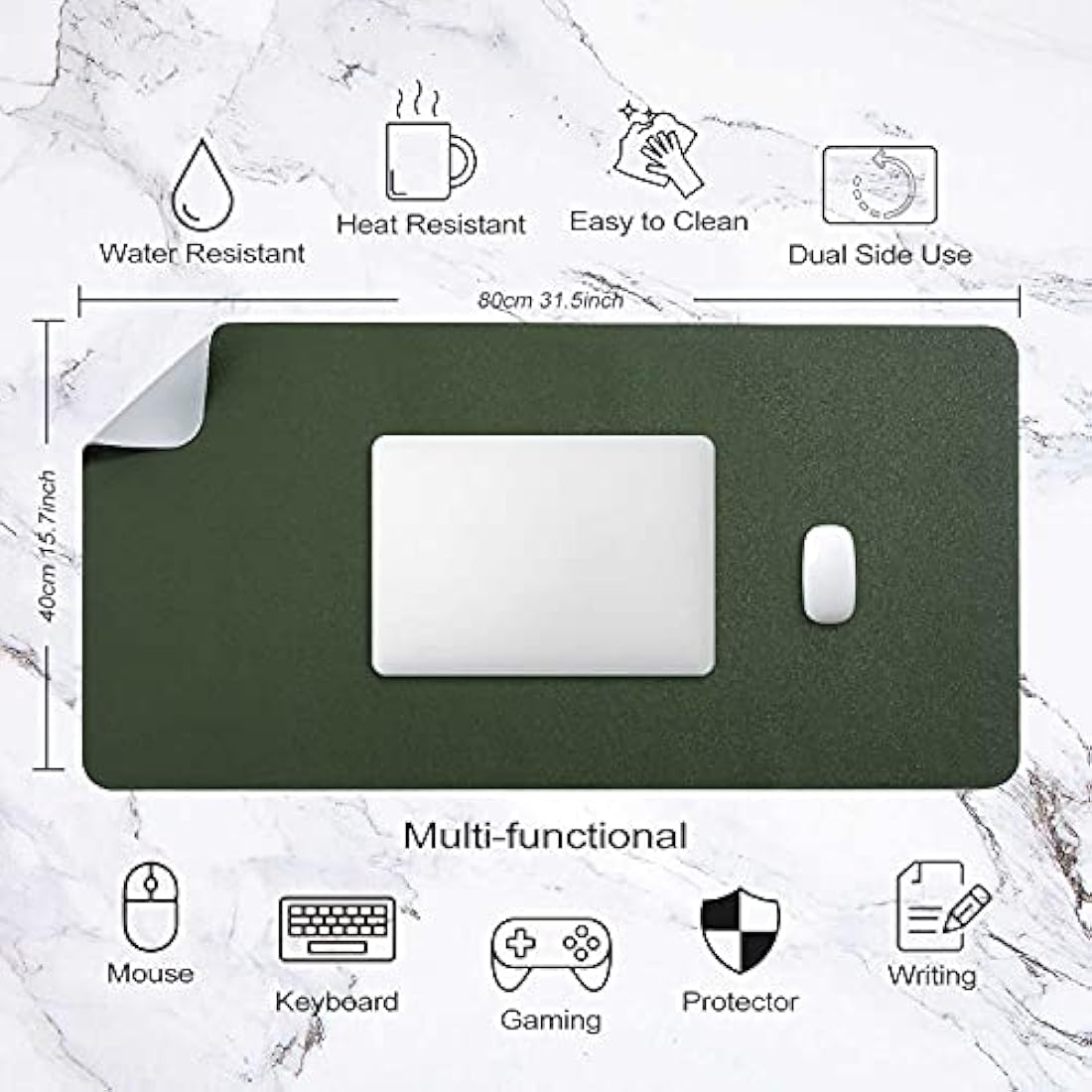 DOBAOJIA Large PU Leather Desk Pad | Waterproof Mouse Mat (Dark Green/Gray)
