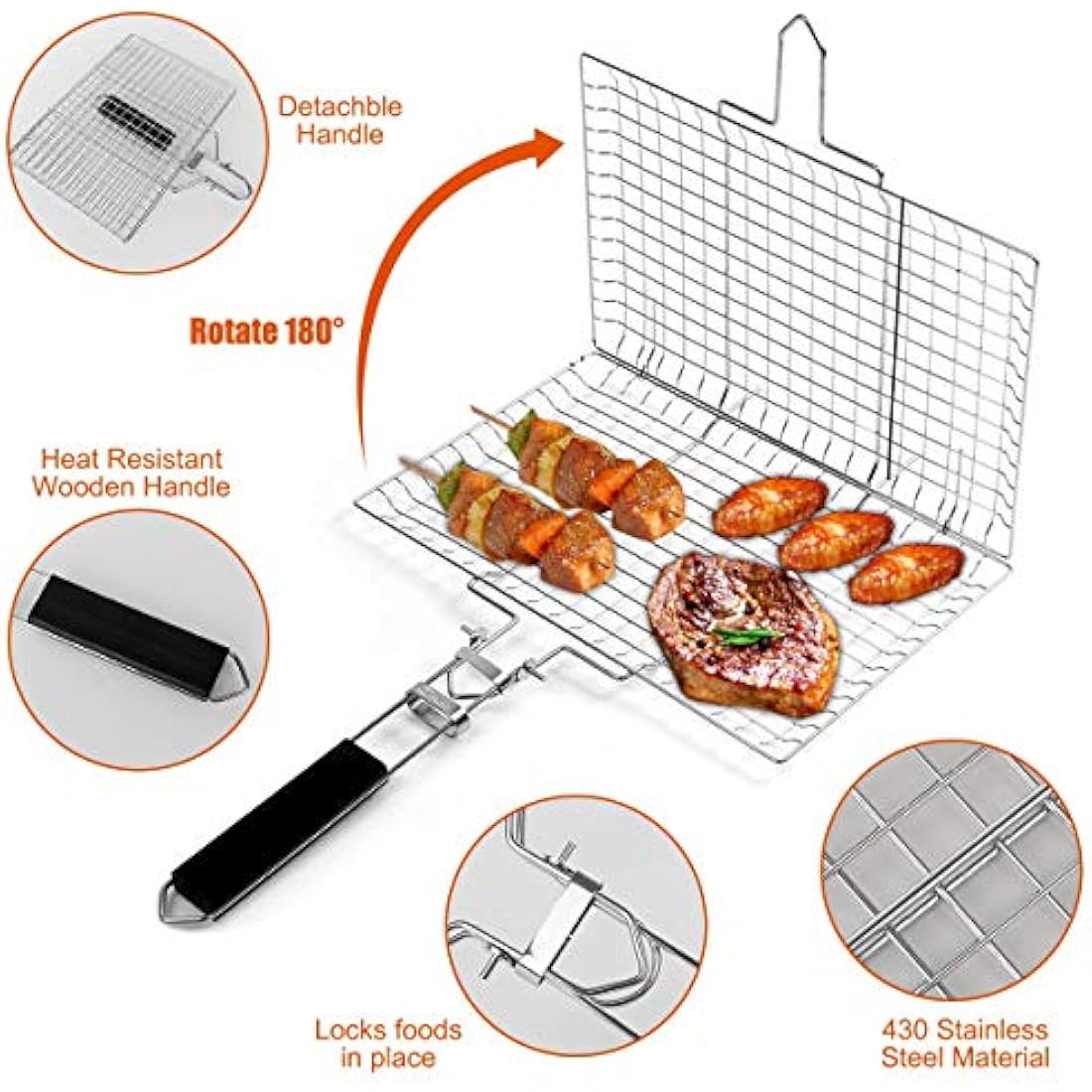 Pecco Stainless Steel BBQ Grill Basket with Detachable Handle | 32x22cm