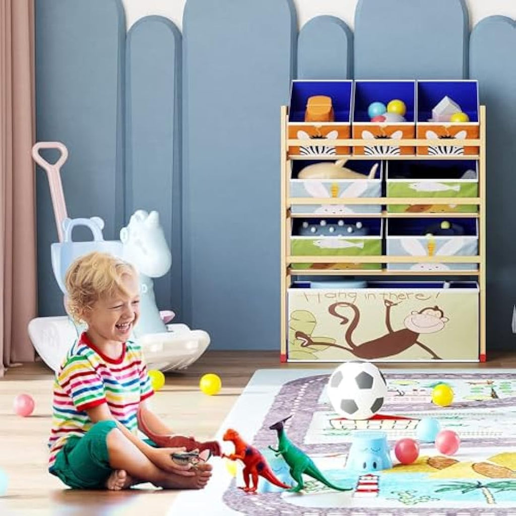 Dripex Kids Toy Storage Unit – 4 Tier Wooden Organiser with 8 Fabric Bins