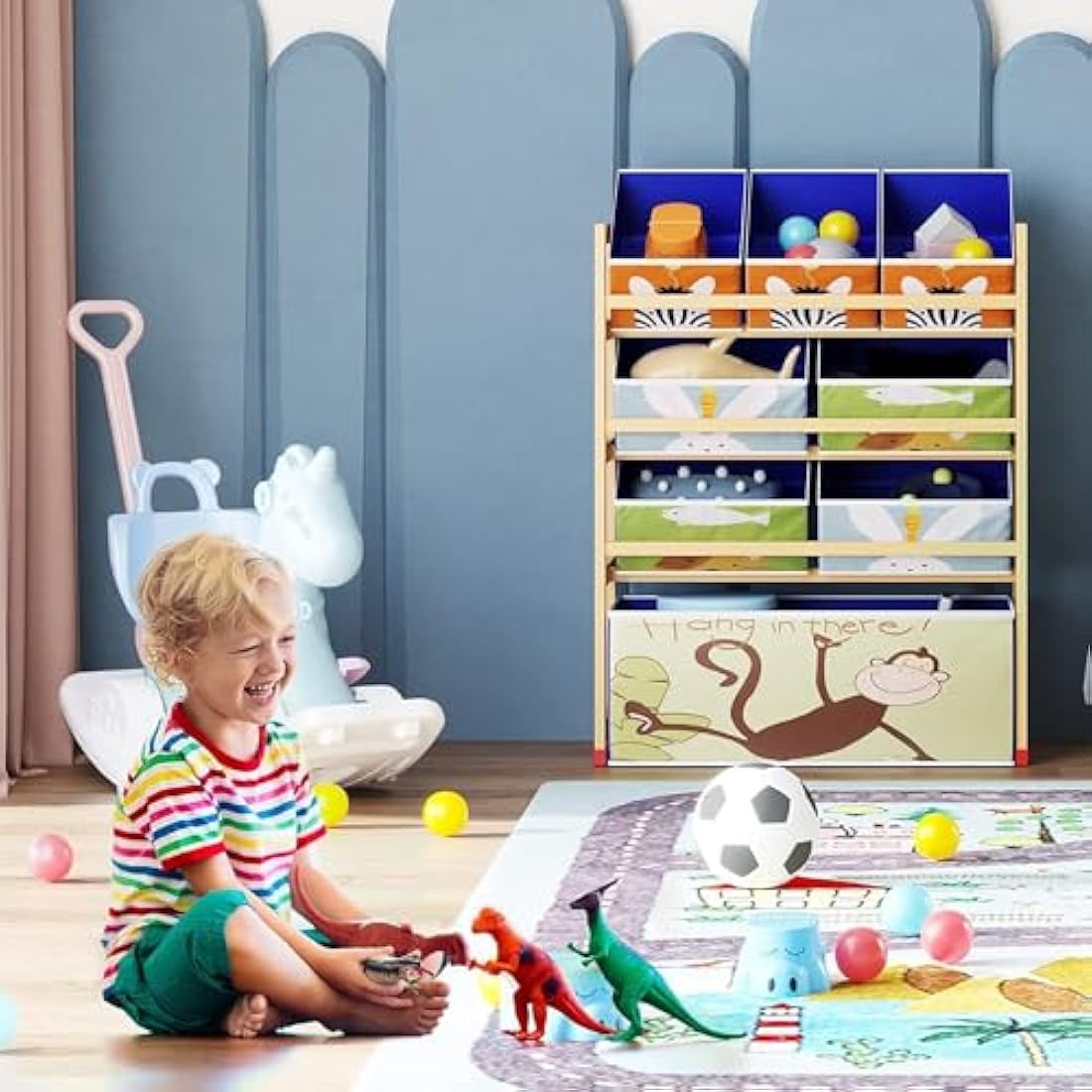 Dripex Kids Toy Storage Unit – 4 Tier Wooden Organiser with 8 Fabric Bins